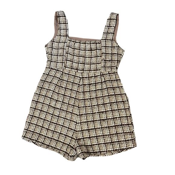 Stylish KORI Plaid Romper Jumper Brown Tan  Size Medium | Trendy Preppy 60's - Picture 4 of 9